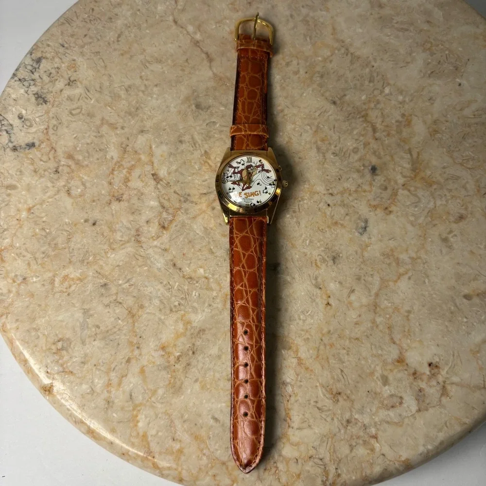 Armitron Looney Tunes Taz Musical Watch Gold Brown Leather Vintage 90s OS
